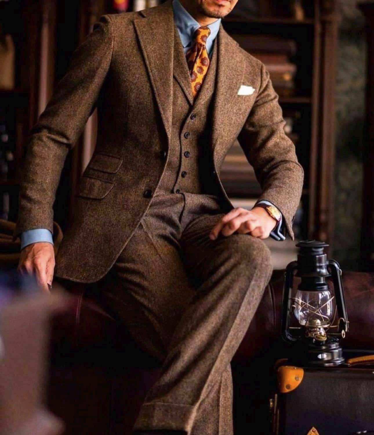 メンズ レトロ スーツ ブラウン ウール 1920 年代 3 ピース スーツ