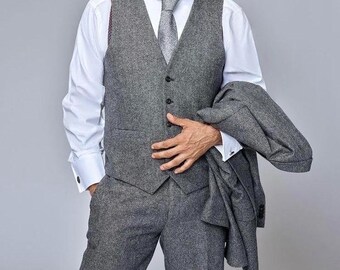Men's Tweed Grey 3 Piece Suit Peak Lapel Business Formal Suit Wedding Dinner Party Suits For Men