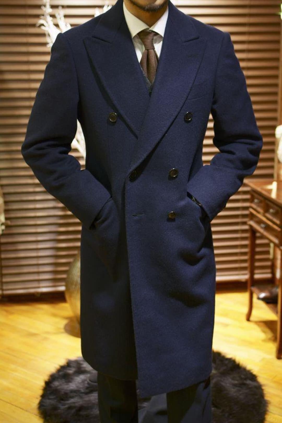 Men's Navy Blue Tweed Overcoat for Mens Double Breasted Overcoat