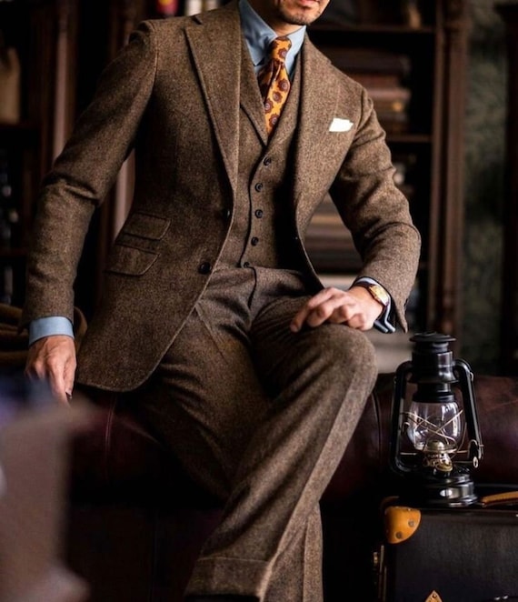Men's Retro Suit Brown Wool 1920s 3 Piece Suit Gentleman's Tweed
