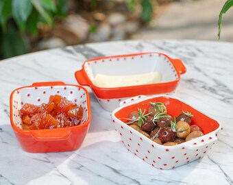 Cuencos de cerámica carmesí pintados a mano con asas pequeñas (juego de 3)