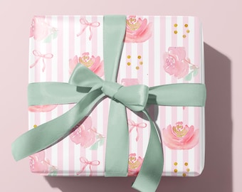 Pink Floral Wrapping Paper, Coquette Gift Wrap, Baby or Bridal Shower Gift Wrap, Feminine Birthday Paper