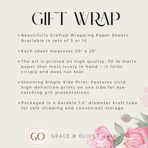 May include: Gift wrap paper sheets in sets of 5 or 10. Each sheet measures 20 inches by 29 inches. The paper is 70 lb matte, feels lovely in hand, and folds crisply. The art is printed on one side of the paper. The paper is packaged in a durable 1.5 inch diameter kraft tube.  GO GRACE & OLIVE LIVING