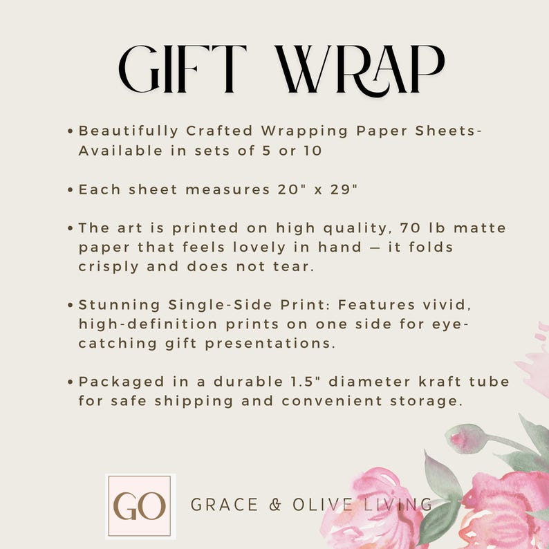 May include: Gift wrap paper sheets in sets of 5 or 10. Each sheet measures 20 inches by 29 inches. The paper is 70 lb matte, feels lovely in hand, and folds crisply. The art is printed on one side of the paper. The paper is packaged in a durable 1.5 inch diameter kraft tube.  GO GRACE & OLIVE LIVING