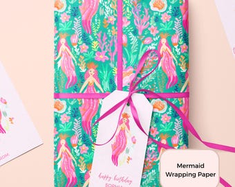Mermaid Wrapping Paper for Girls Birthday, Under the Sea Gift Wrap, Kids Birthday Party Gift Wrap, Pink Mermaid Party Theme
