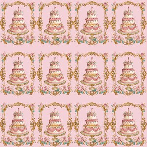May include: A repeating pattern of pink and white wedding cakes with gold trim and floral accents. The cakes are set against a light pink background.