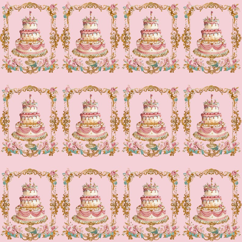 May include: A repeating pattern of pink and white wedding cakes with gold trim and floral accents. The cakes are set against a light pink background.