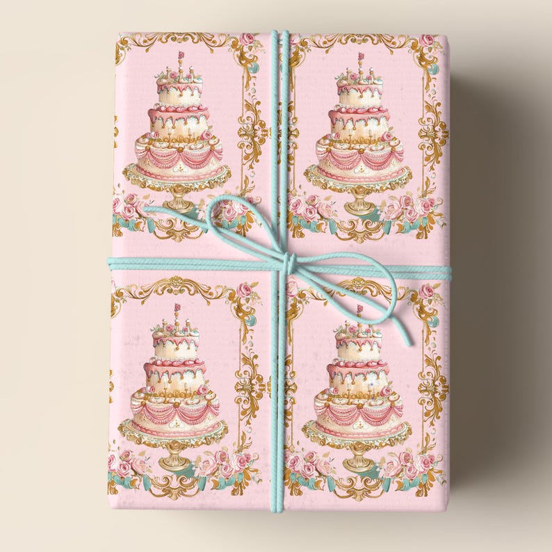 Rococo Cake Wrapping Pink Gold Baroque Design Marie Antoinette French Style Elegant Coquette Birthday Gift Paper Premium Quality Matte Finish Fine Art Material Luxury Present Multiple Size Options Bridal Shower Romantic