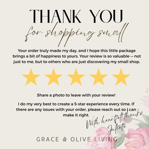 May include: Thank you for shopping small. A handwritten note with a floral background, five gold stars, and the text "With heartfelt thanks, Juliette".