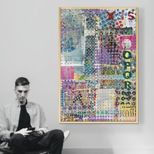 O P Q R S: Acrílico & colagem feita de tela e fita adesiva em maca com moldura de madeira 84 x 124 cm
