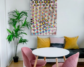 Rising yellow bubbles: original hand-painted unique piece, acrylic on canvas stretcher frame 80 x 110 cm