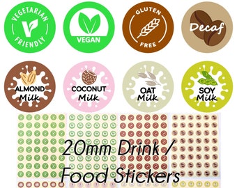 COFFEE SHOP CAFE Stickers Labels Milk Alternative Dairy Free Vegan Vegetarian Gluten Decaf Almond Coconut Soy Oat Milk