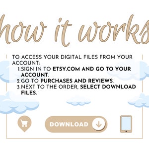 May include: A graphic with the text "how it works" in brown text.  The graphic explains how to access digital files from your Etsy account.  The graphic includes a shopping cart icon, a button that says "Download", a downward arrow, and a smartphone icon.
