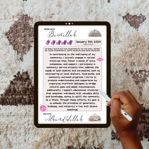 Pode incluir: Uma página de planejador digital com as palavras "Begin with Bismillah" e "End with Alhamdulillah" escritas em uma fonte decorativa. A página também inclui a data "January 5th 2024" e uma citação sobre contribuir para o bem-estar da comunidade.