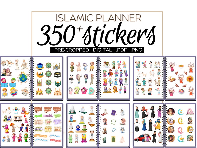 May include: A set of 350+ digital planner stickers featuring Islamic themes. The stickers are pre-cropped and available in PDF and PNG formats. The stickers include illustrations of people, animals, and objects related to Islamic culture.