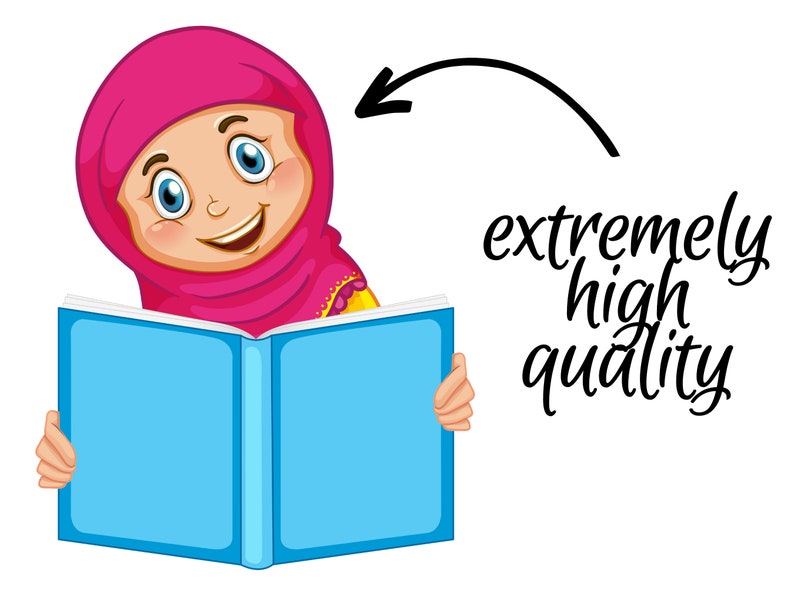 May include: A young person wearing a pink headscarf is reading a blue book. The text "extremely high quality" is written in black cursive.
