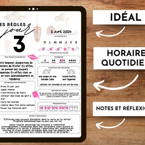 May include: A printable daily planner with the title "Les R&egrave;gles Jour 3" in a black and white design. The planner includes a daily schedule, meal planning, and a section for notes and reflections. The date is April 3, 2024.
