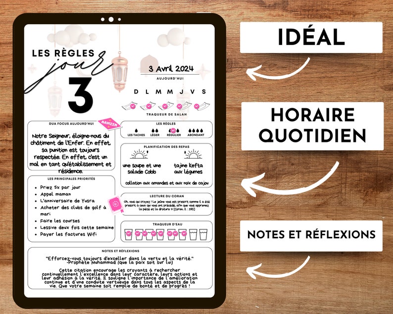 May include: A printable daily planner with the title "Les R&egrave;gles Jour 3" in a black and white design. The planner includes a daily schedule, meal planning, and a section for notes and reflections. The date is April 3, 2024.
