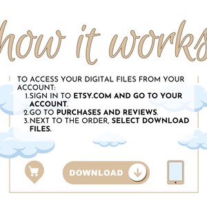 May include: How to access digital files from your Etsy account.  A graphic with a shopping cart icon, a button that says "Download", a downward arrow, and a smartphone.  The text says "To access your digital files from your account: 1. Sign in to Etsy.com and go to your account. 2. Go to Purchases and Reviews. 3. Next to the order, select Download Files."