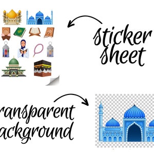 May include: A sticker sheet with a variety of Islamic religious symbols, including mosques, prayer beads, and a woman reading a book. The sheet has a transparent background.