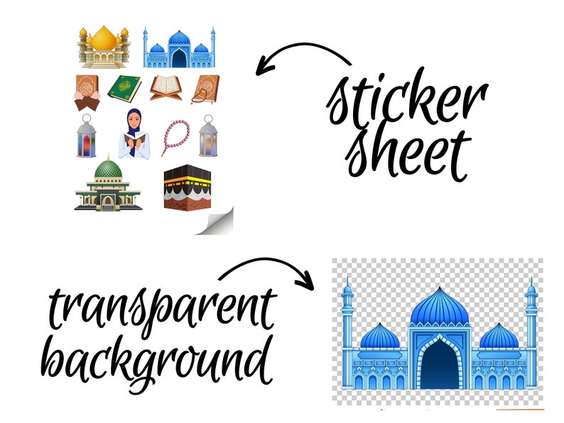 May include: A sticker sheet with a variety of Islamic religious symbols, including mosques, prayer beads, and a woman reading a book. The sheet has a transparent background.