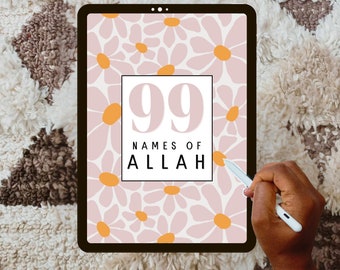 May include: A digital tablet displaying a pink and orange floral pattern with the text "99 Names of Allah" in a white box.
