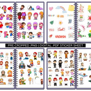 May include: A digital sticker sheet with illustrations of people wearing traditional Islamic clothing. The sheet includes a variety of images, including people praying, reading, and smiling. There are also images of flowers, hearts, and other decorative elements. The text "PRE-CROPPED .PNG | DIGITAL .PDF STICKER SHEET" is printed at the top of the sheet.