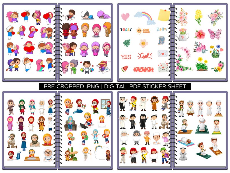 May include: A digital sticker sheet with illustrations of people wearing traditional Islamic clothing. The sheet includes a variety of images, including people praying, reading, and smiling. There are also images of flowers, hearts, and other decorative elements. The text "PRE-CROPPED .PNG | DIGITAL .PDF STICKER SHEET" is printed at the top of the sheet.