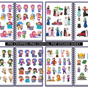 May include: A digital sticker sheet with illustrations of people wearing traditional Islamic clothing. The sheet includes images of families, individuals, and children. There are also images of Islamic symbols, such as mosques, prayer rugs, and lanterns.