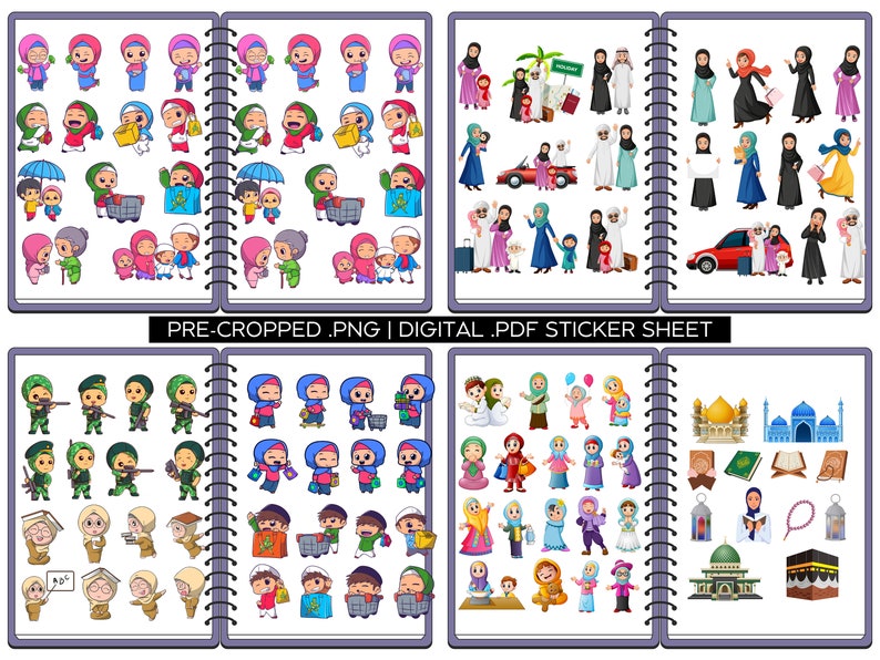 May include: A digital sticker sheet with illustrations of people wearing traditional Islamic clothing. The sheet includes images of families, individuals, and children. There are also images of Islamic symbols, such as mosques, prayer rugs, and lanterns.