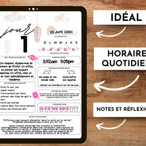 May include: A printable daily planner with a pink and white color scheme. The planner includes a daily schedule, meal planning, and a section for notes and reflections. The text on the planner says "jour 1" and "ideal horaire quotidien".