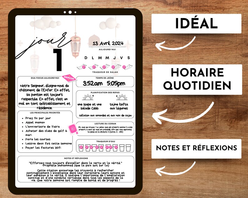 May include: A printable daily planner with a pink and white color scheme. The planner includes a daily schedule, meal planning, and a section for notes and reflections. The text on the planner says "jour 1" and "ideal horaire quotidien".