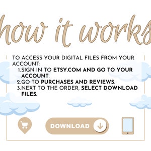May include: A graphic with a light brown background and white clouds. The text "how it works" is written in a light brown cursive font. The text below explains how to access digital files from an Etsy account. A shopping cart icon, a button that says "Download", a downward arrow, and a smartphone are shown below the text.
