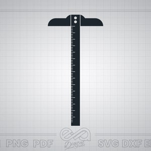 May include: Black and white illustration of a T-ruler with a ruler on the vertical part. The ruler has markings for inches.