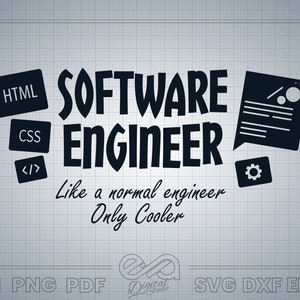 Könnte beinhalten: Schwarzweißes Grafikdesign mit dem Text "SOFTWARE ENGINEER" und dem Satz "Like a normal engineer Only Cooler". Das Design enthält Symbole für HTML, CSS und Code. Die Grafik befindet sich auf einem grauen Gitterhintergrund.