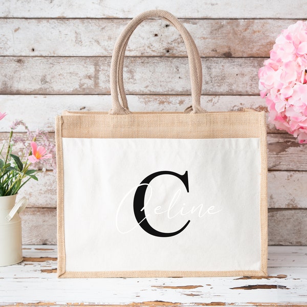 Personalized Burlap Initial Name | Market Bag | gift | Custom Gifts | shopping bag | Personalized