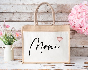 Personalisierte Jutetasche mit Namen und Herz bedruckt |  Jute Tasche mit Name | Jute Shopper personalisierte | Geschenkidee | Muttertag