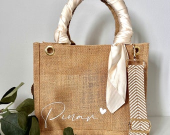 Gepersonaliseerde jute tas | Jute tas met accessoires | Tas met doek en riem | Gepersonaliseerde cadeaus