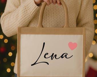 Personalized jute bag with name and heart print | Jute bag with name | Personalized jute shopper | Gift idea | Mother's Day