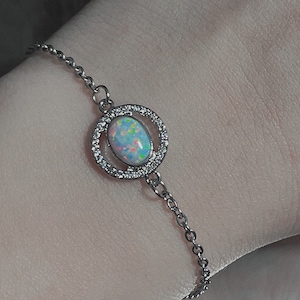 18K Silver Opal Bracelet, Opal Diamond Bracelet, Silver Thin Chain Bracelet,  Genuine Fire Opal Bracelet, Birthday Gift, Gift For Her