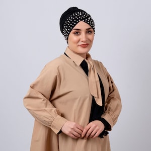 Black Hijab Inner Cap, Stone Embroidered Bonnet Underscarf, Turban Head Cover for Women, Ready to Headwear, Islamic Clothing Accessory