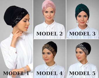Practical Sandy Fabric Pull-On Hijab Cap, Cross Design with Sequins, Ready to Wear,Cross Design Sandy Fabric Hijab Cap,  Ready to Wear