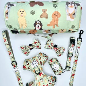 May include: A green and brown dog-themed pet bed, lead, harness, poop bag holder, and two bow ties. The items are all decorated with a repeating pattern of dogs and paw prints.