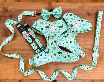 Puppasaurus Green Dog Harness: Dinosaur Print, Adjustable Padded Puppy Harness