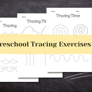 May include: Three black and white printable preschool tracing worksheets with the title "Tracing Time" on the top sheet. The worksheets feature dotted lines for tracing various shapes, including waves, clouds, spirals, and rain.