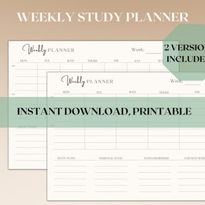 Puede incluir: Dos plantillas de planificador de estudios semanales imprimibles. La plantilla superior tiene un diseño de cuadrícula simple con los días de la semana etiquetados. La plantilla inferior tiene un diseño de cuadrícula con secciones para tareas de estudio, tareas personales, notas/recordatorios y para la próxima semana.