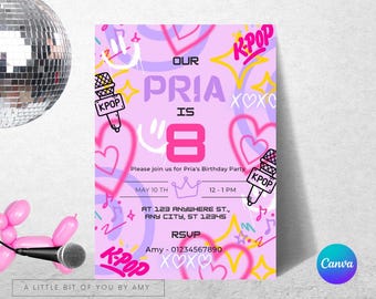 Verjaardagsuitnodiging met K-Pop Demon Hunters-thema: bewerkbaar popsterrenfeestthema (digitale download)