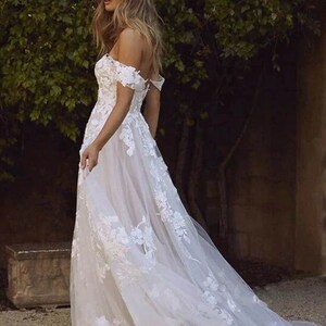 Lace Wedding Dress Off The Shoulder Appliques A-Lines Bride Floral Lace Wedding Gown, Boho Wedding Dress, Beach Wedding Elopement Gown image 6