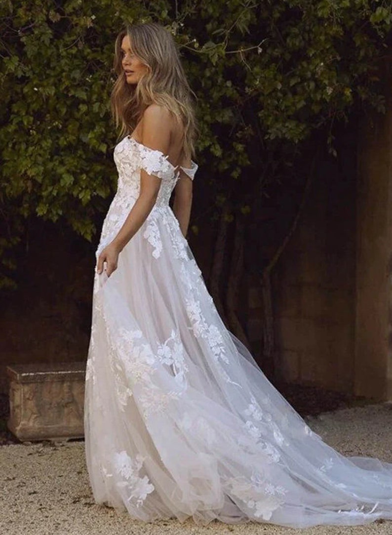 Lace Wedding Dress Off The Shoulder Appliques A-Lines Bride Floral Lace Wedding Gown, Boho Wedding Dress, Beach Wedding Elopement Gown image 6