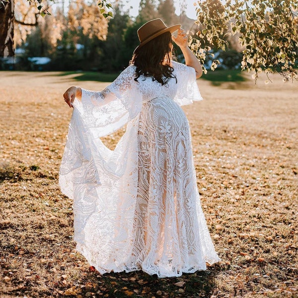 Plus Size Boho Empire Waist Maternity Wedding Dress Beach Elopement Cutout Lace Long Batwing Sleeves Pregnant Women Oversized Bridal Gowns